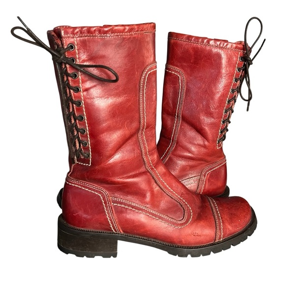 Donald J. Pliner Shoes - DONALD J PLINER Red Leather Boots Contrast Stitching Zip Lace Size 7.5 VINTAGE